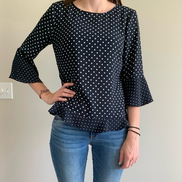 TALBOTS Women Black & White Polka Dot Blouse Top Ruffle Trim 3/4 Sleeves Sz M - Picture 1 of 9